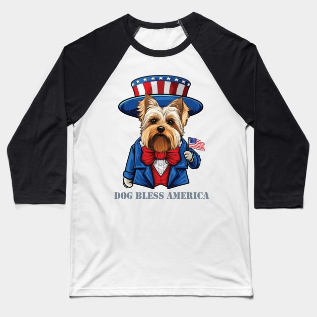 Funny 4th of July Biewer Terrier Dog Bless America Baseball T-Shirt by whyitsme